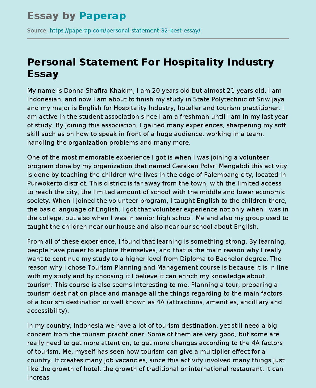 Personal Statement For Hospitality Industry