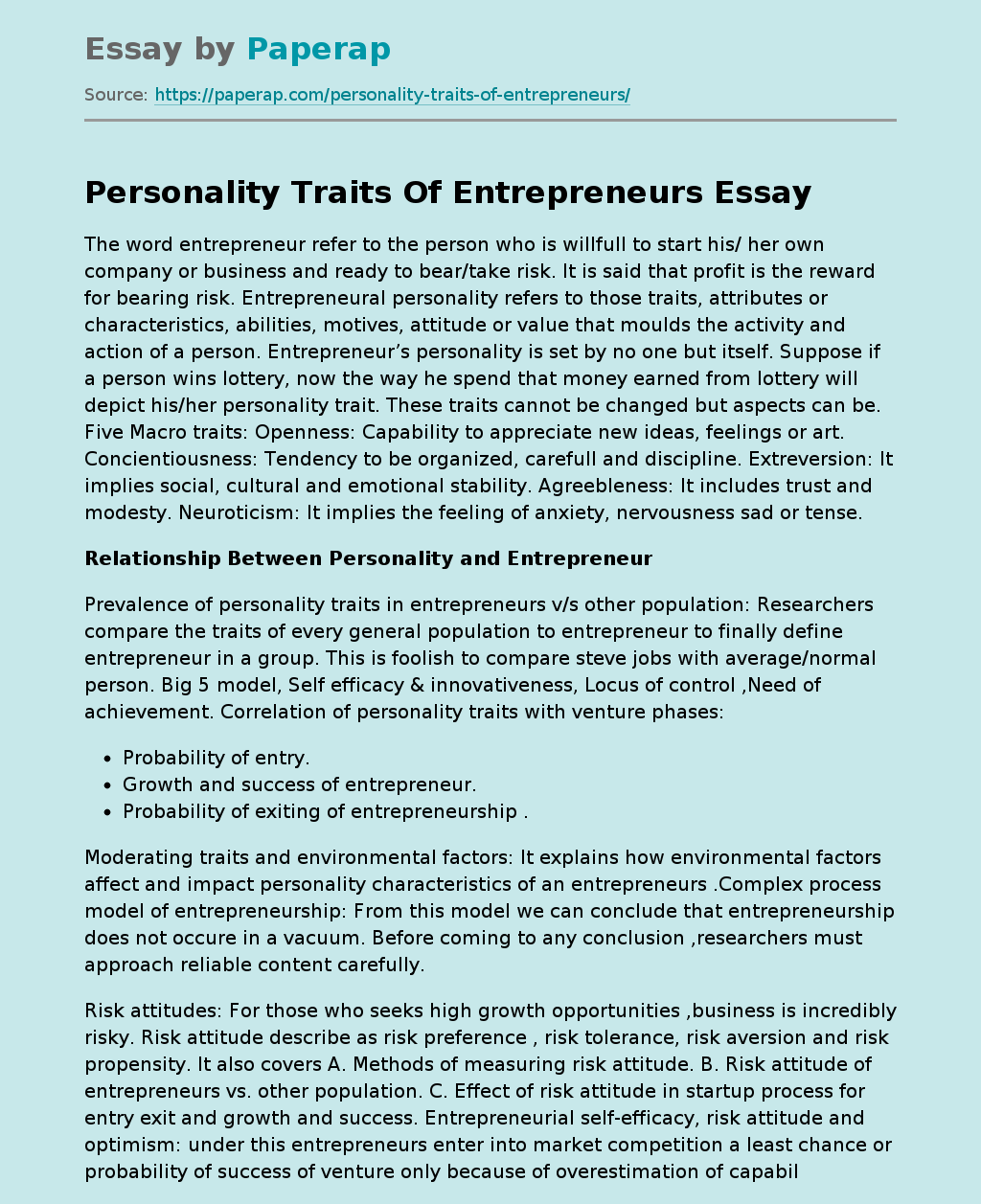 Personality Traits Of Entrepreneurs