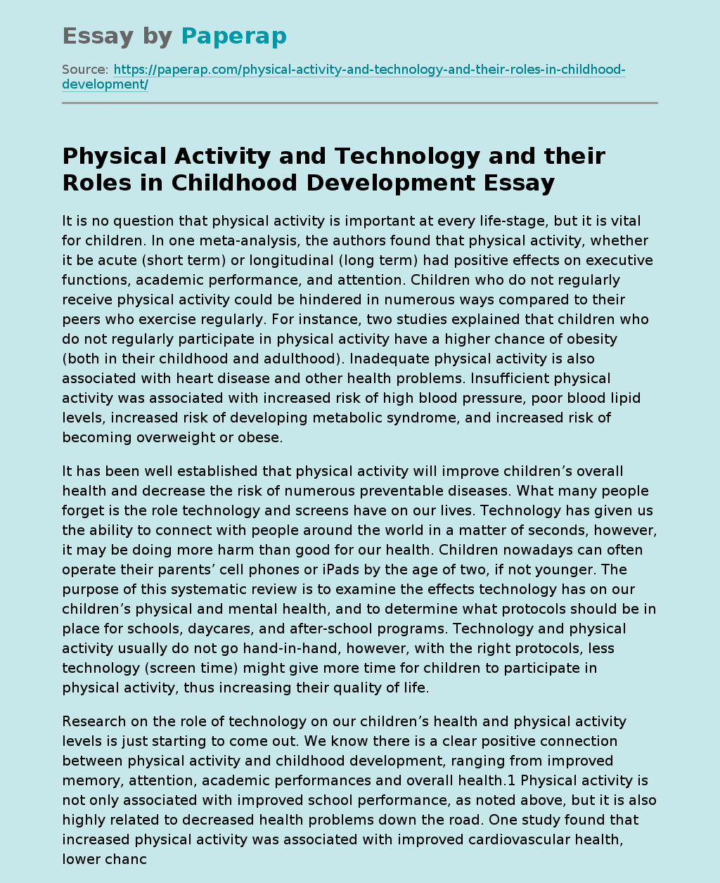 Physical Activity and Technology and their Roles in Childhood Development