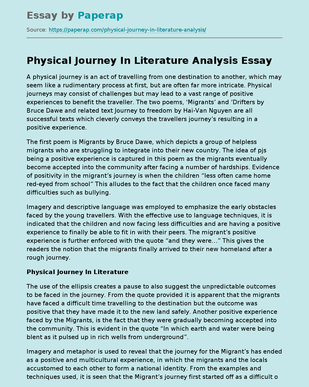 Physical Journey In Literature Analysis