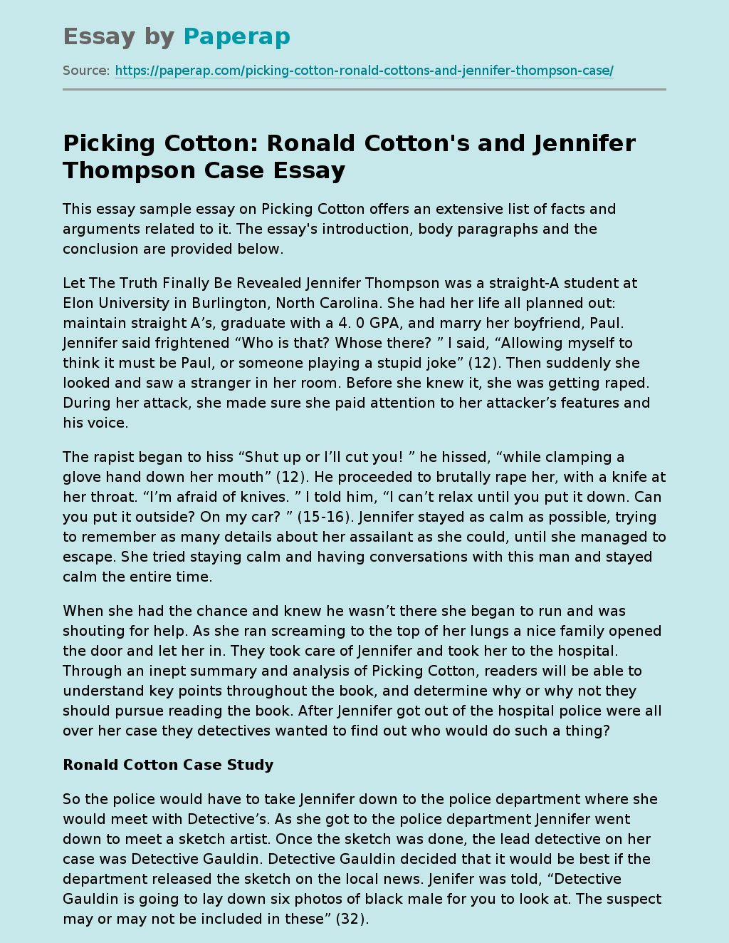 Picking Cotton: Ronald Cotton's and Jennifer Thompson Case