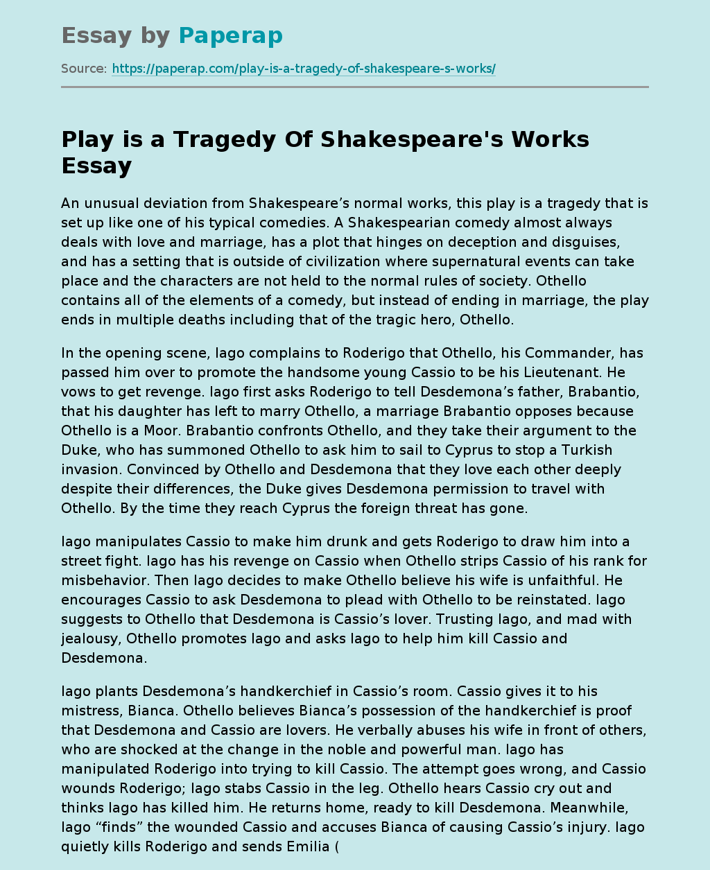 Play is a Tragedy Of Shakespeare's Works