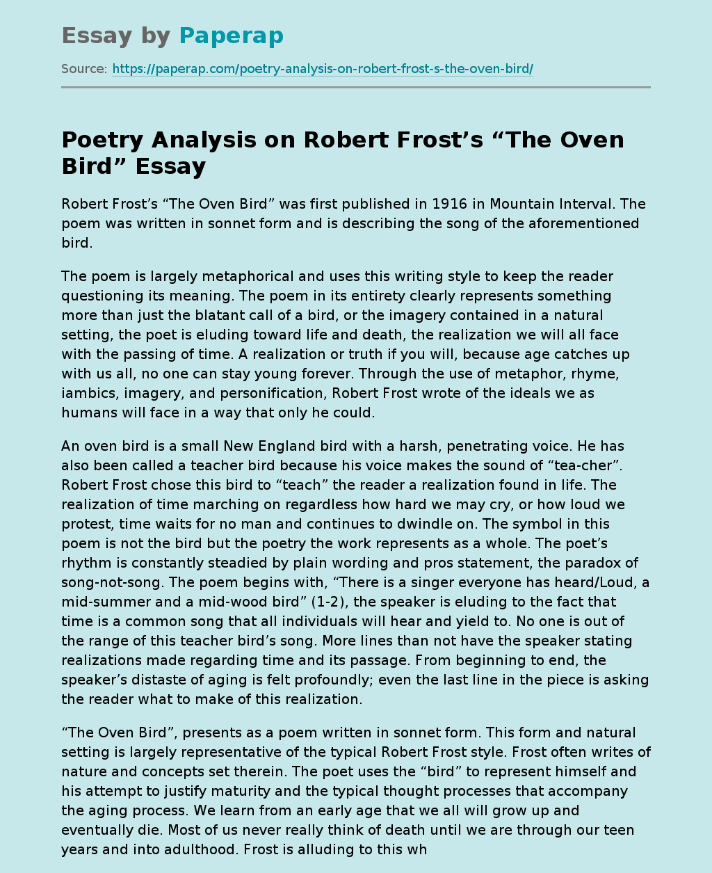 Poetry Analysis on Robert Frost’s “The Oven Bird”