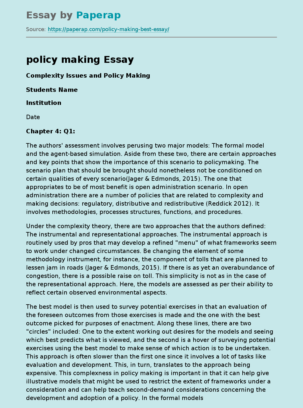 Complexity Issues and Policy Making