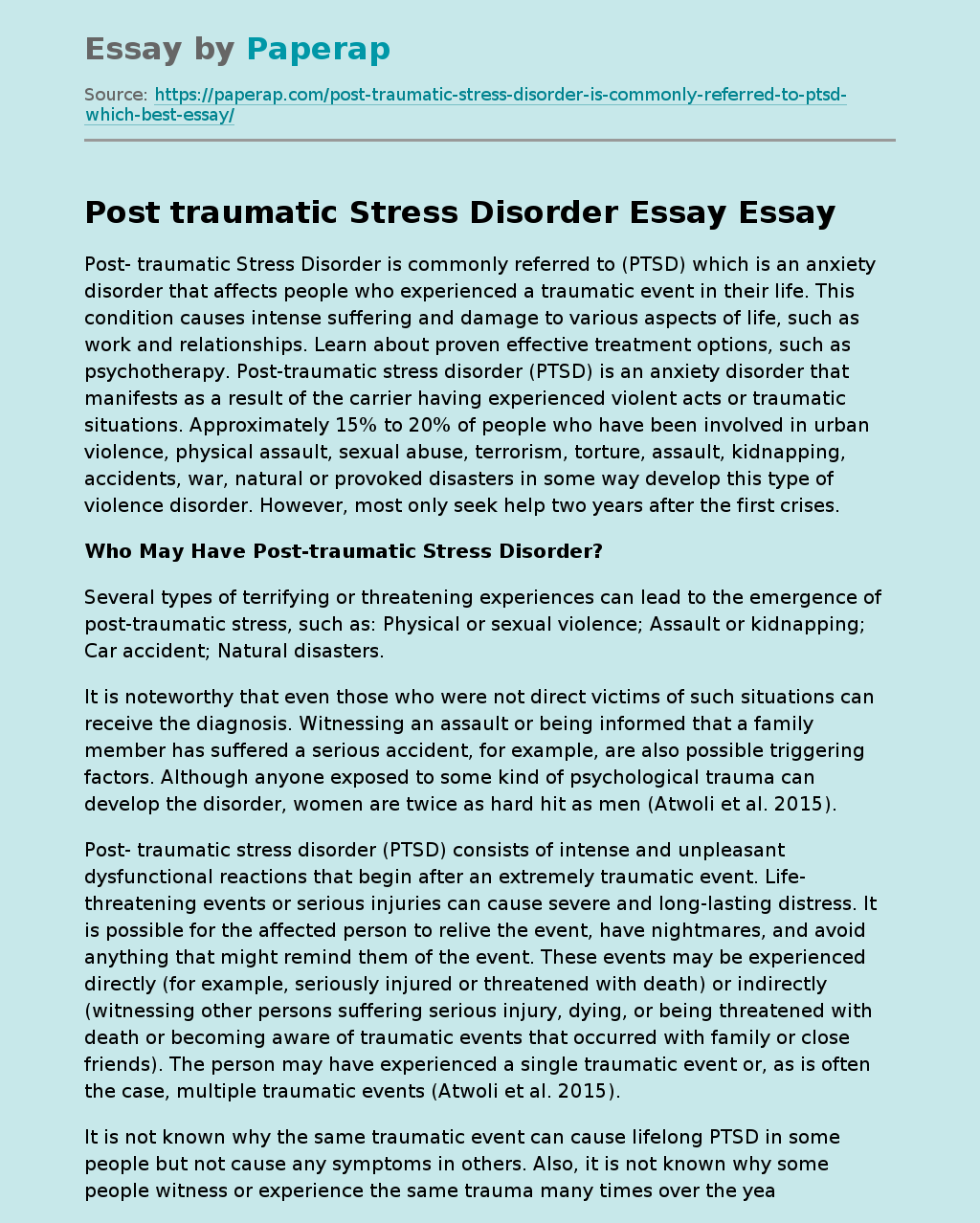 Post traumatic Stress Disorder Essay