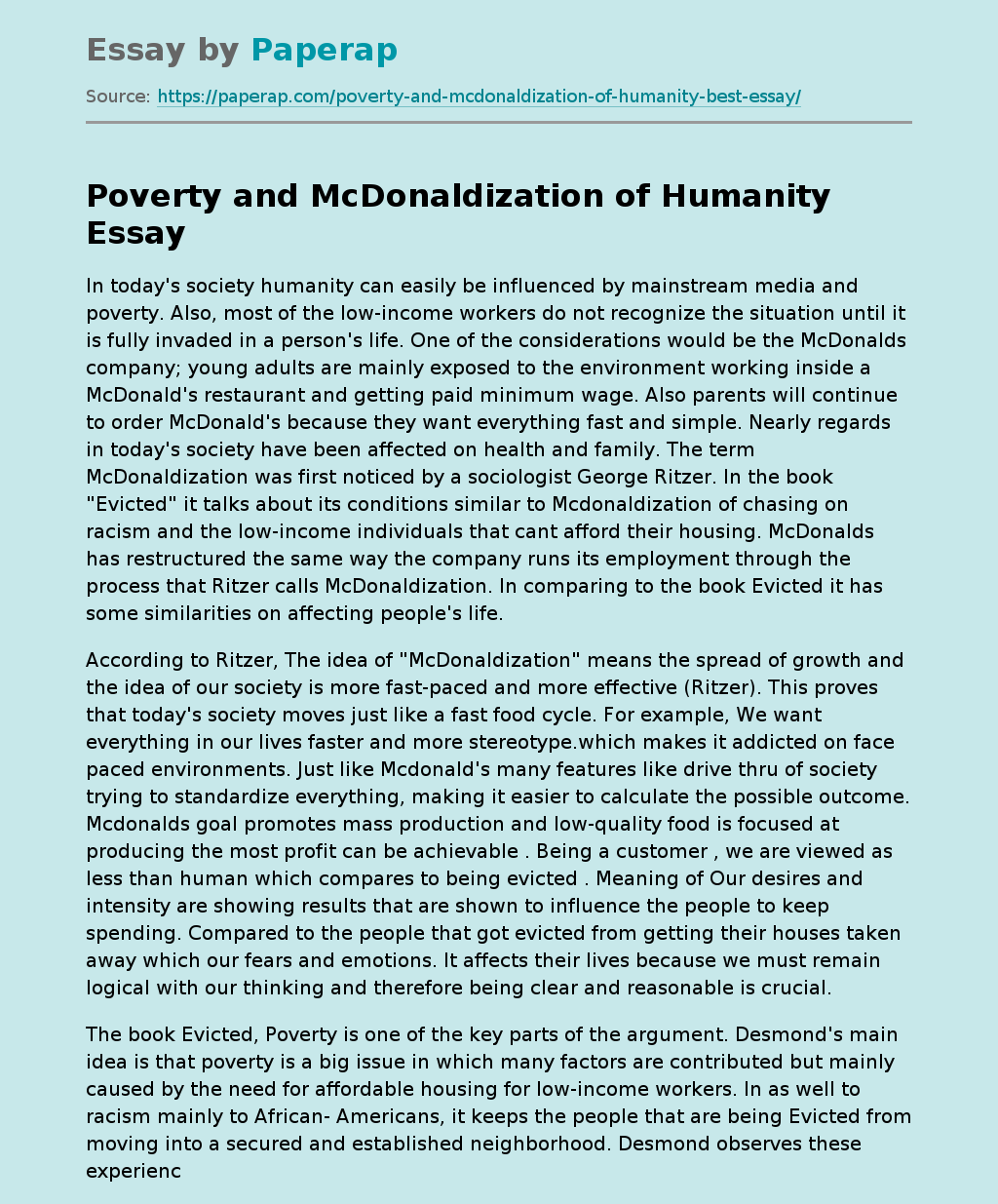 Poverty and McDonaldization of Humanity