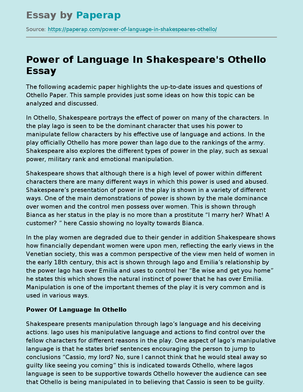 language and imagery essay othello