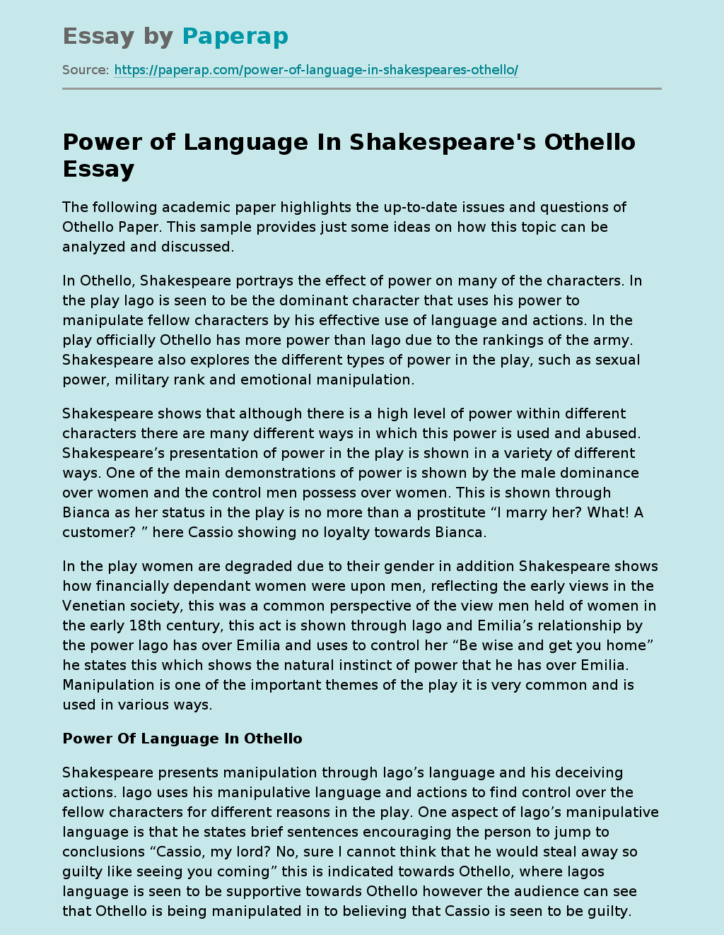 Power of Language In Shakespeare's Othello