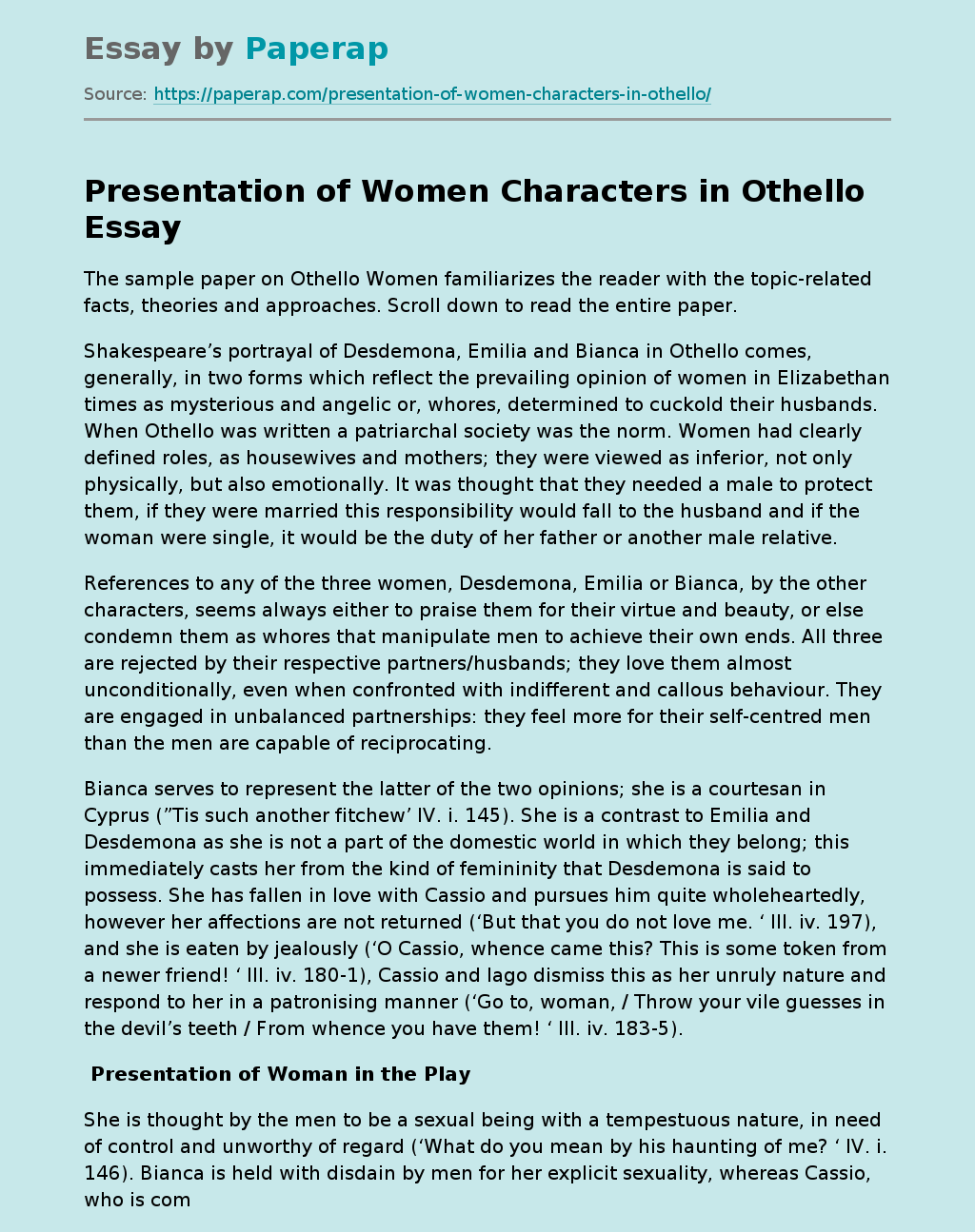 Presentation of Women Characters in Othello