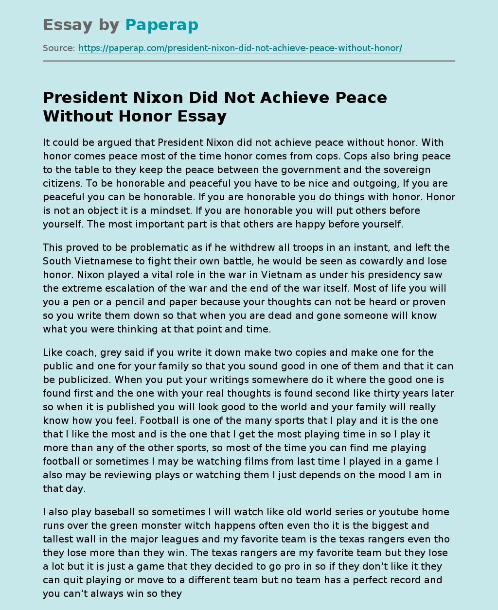 President Nixon Did Not Achieve Peace Without Honor