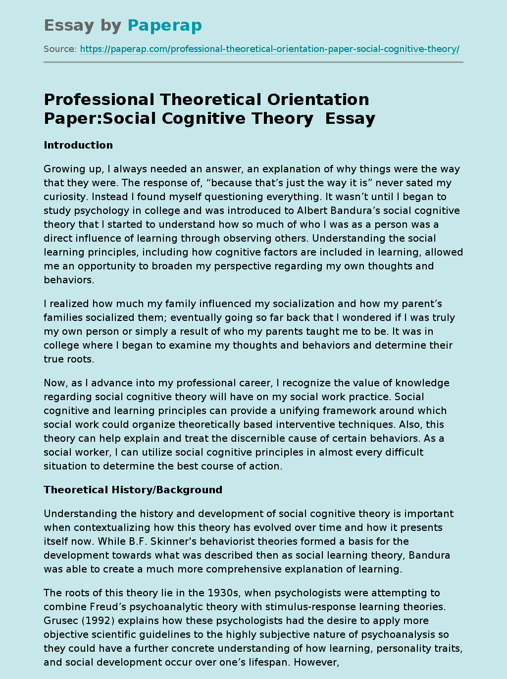 Professional Theoretical Orientation Paper:Social Cognitive Theory 