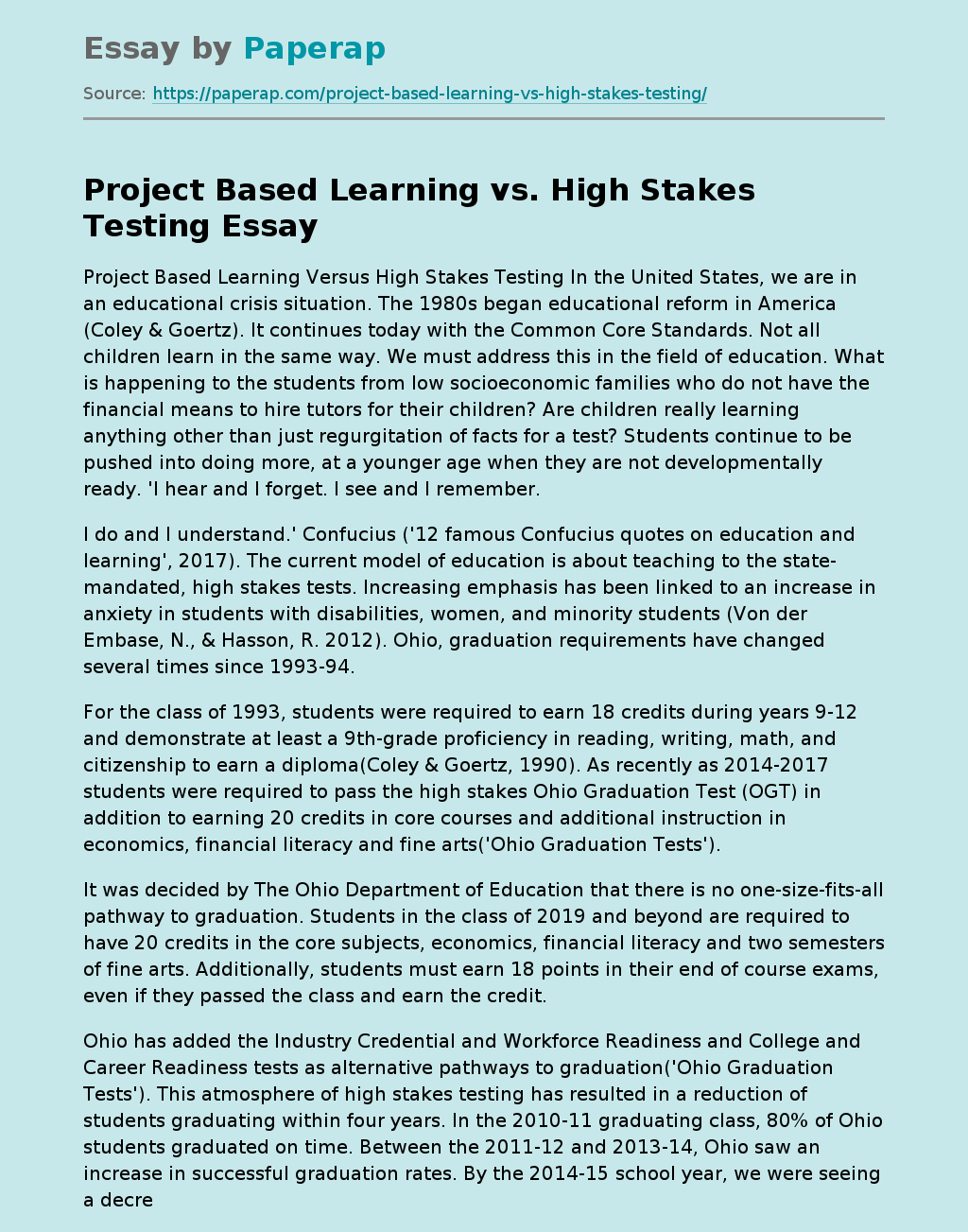 Project Based Learning vs. High Stakes Testing