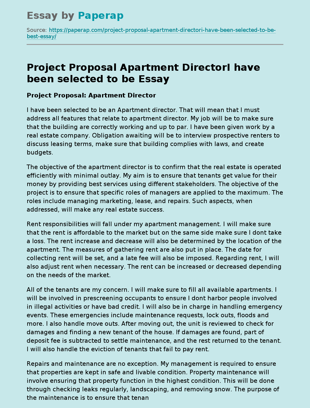 Project Proposal Apartment DirectorI have been selected to be