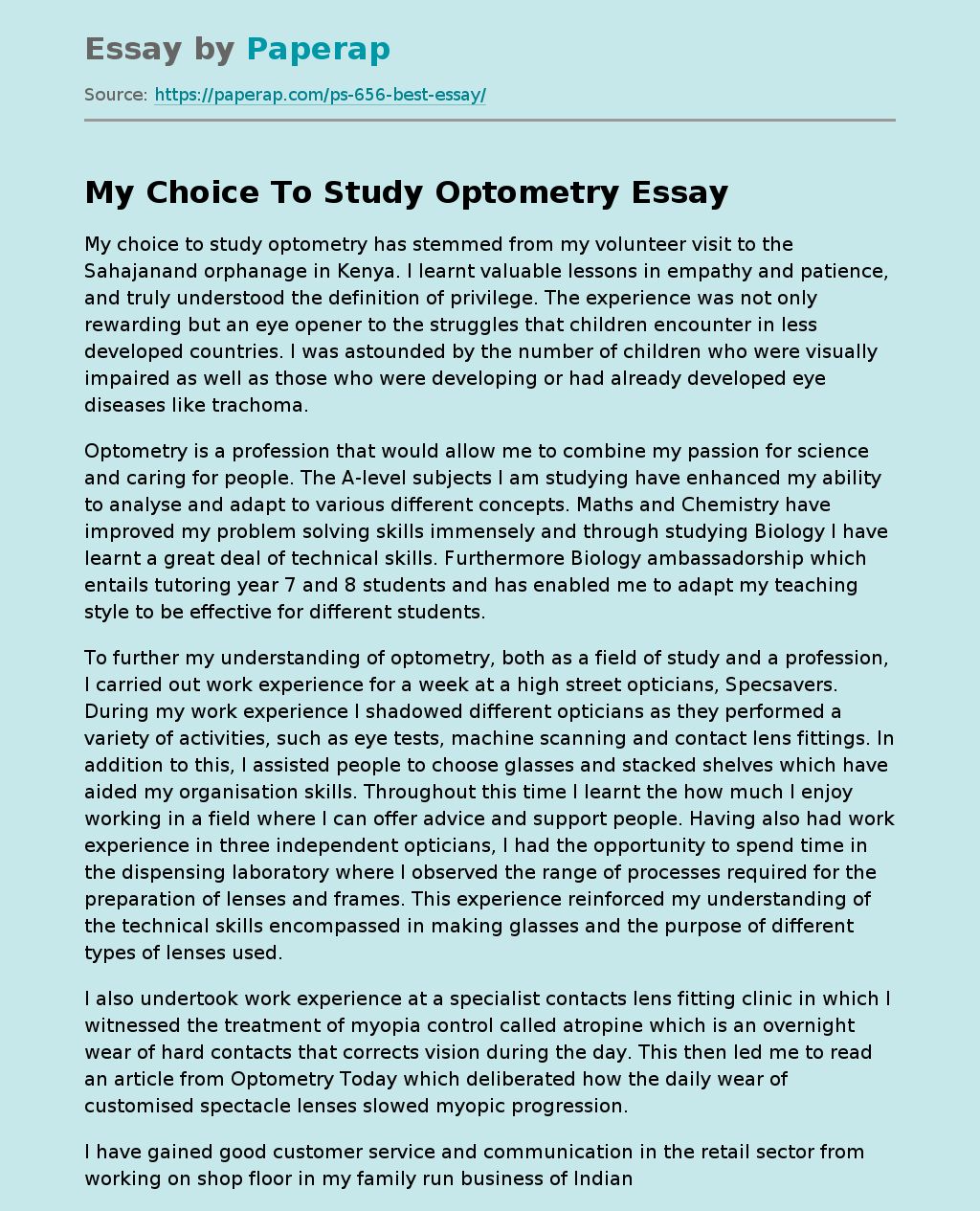 My Choice To Study Optometry