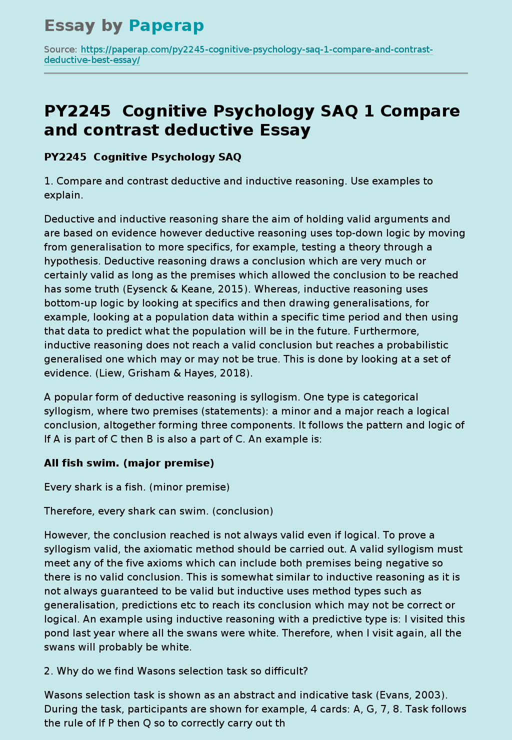 PY2245 Cognitive Psychology SAQ 1 Compare And Contrast Deductive Free 