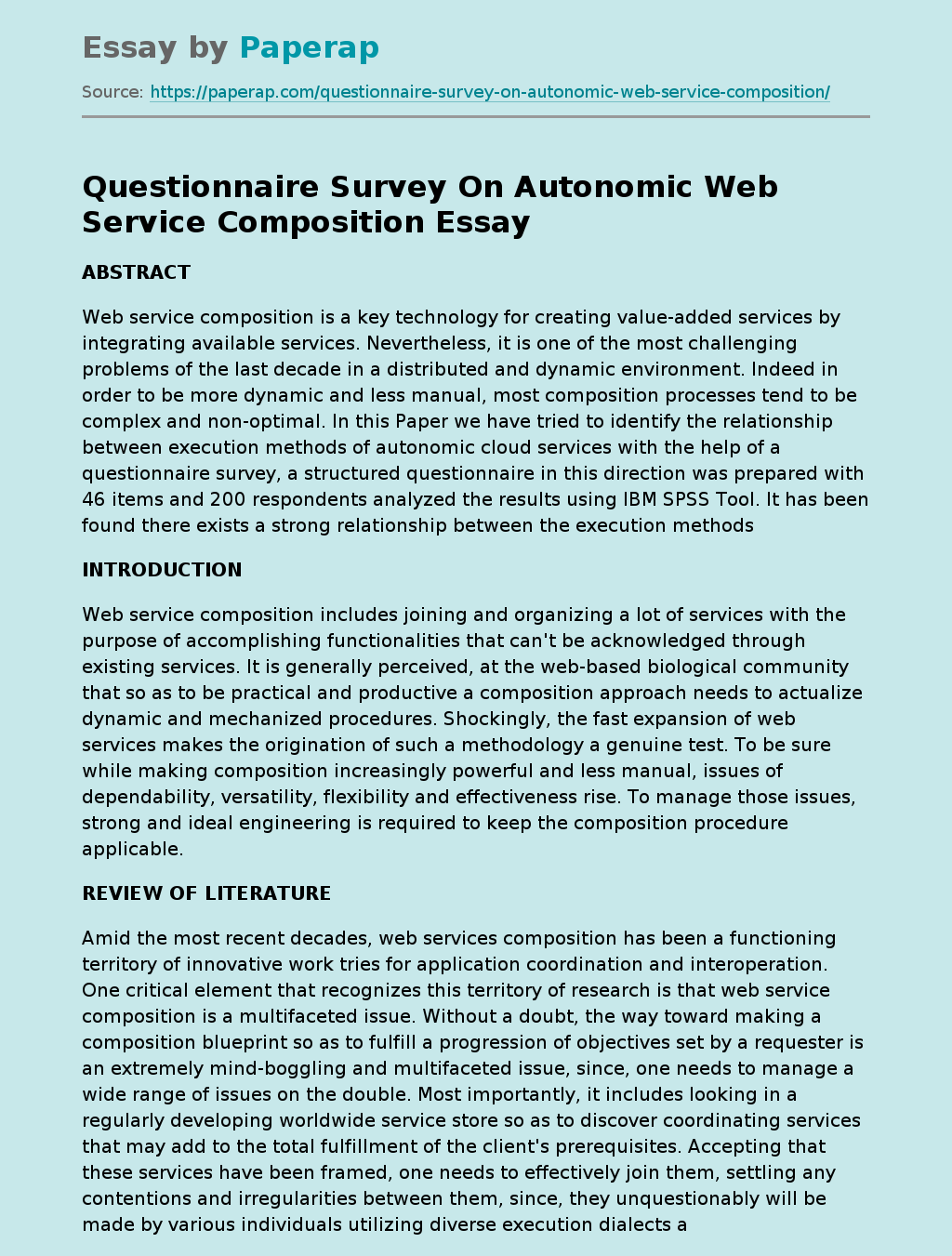 Questionnaire Survey On Autonomic Web Service Composition