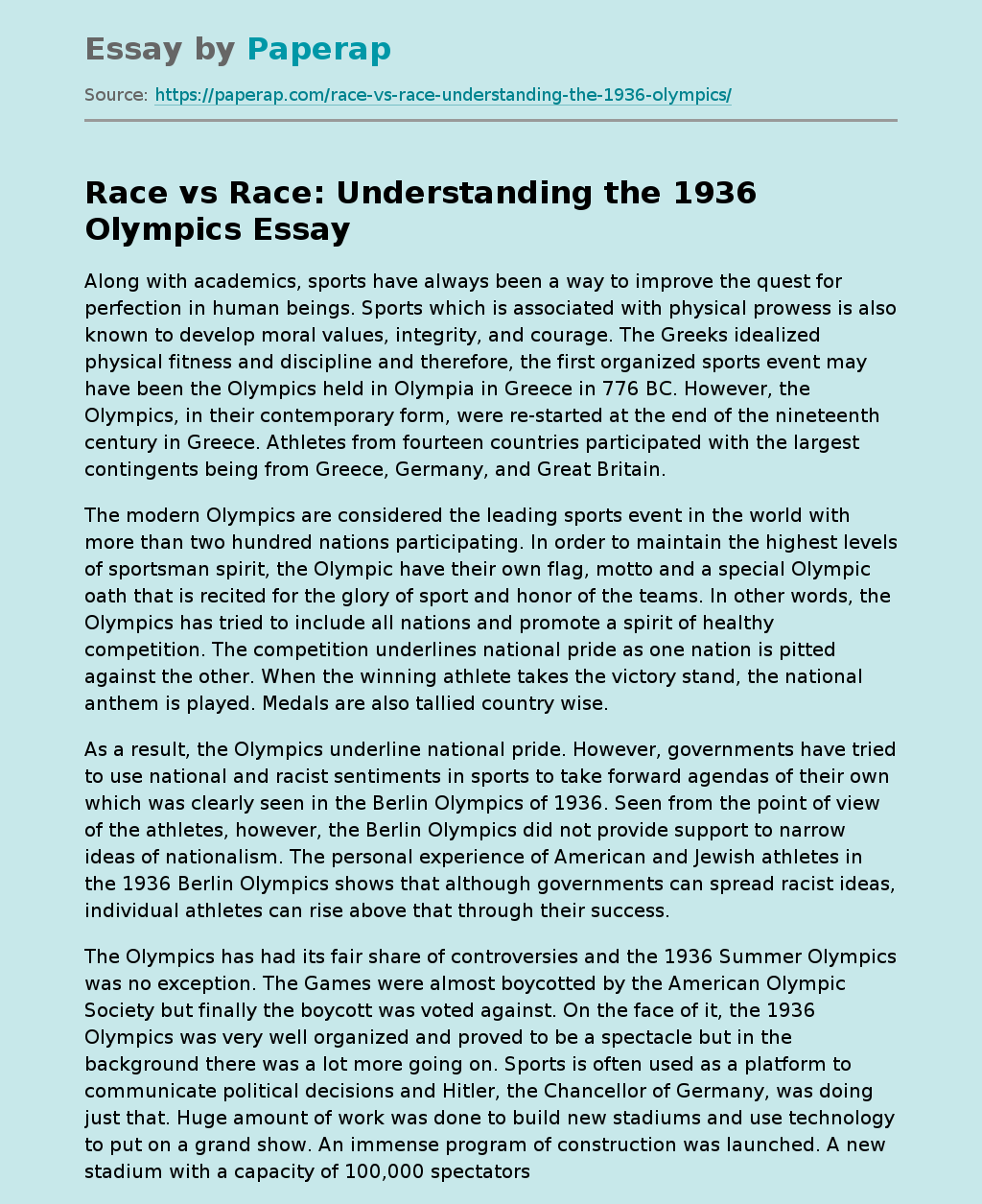 Race vs Race: Understanding the 1936 Olympics