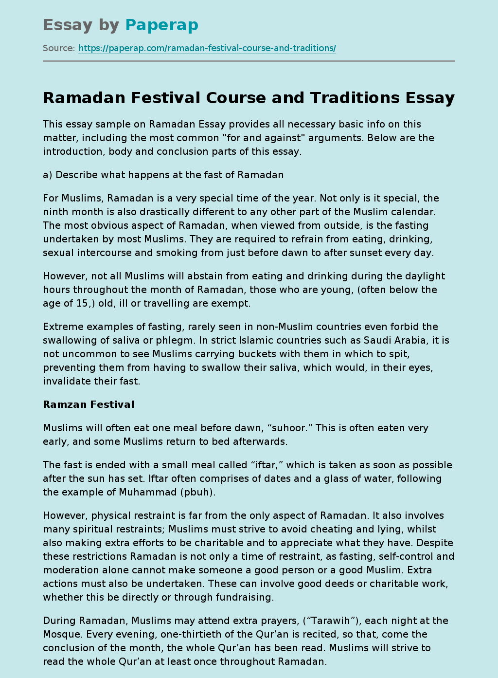 Ramadan Festival Course and Traditions