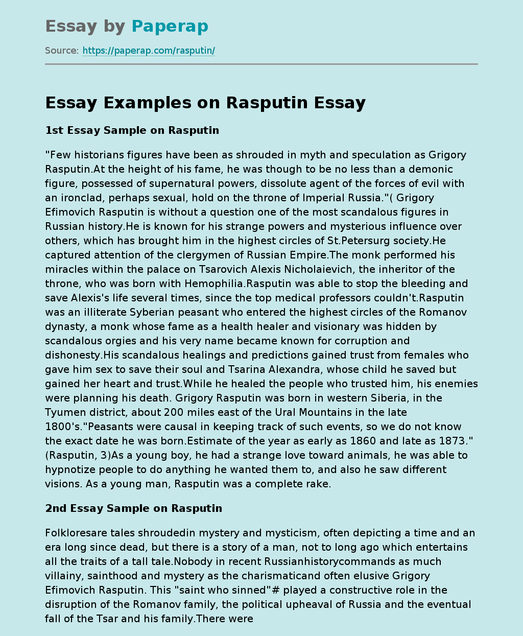 Essay Examples on Rasputin