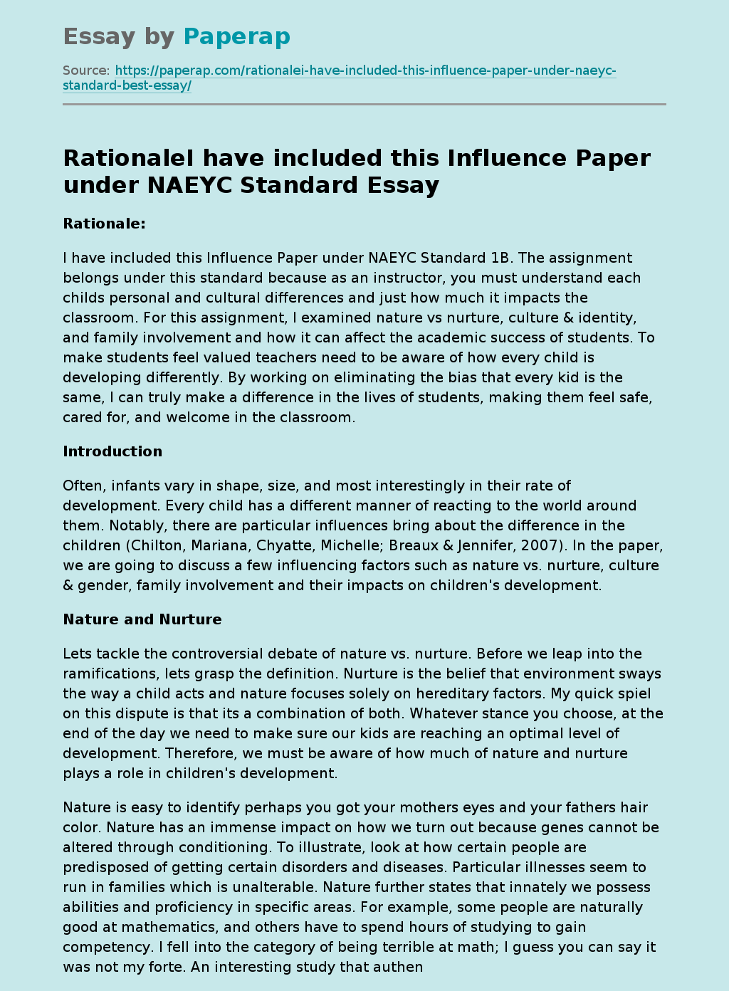 RationaleI have included this Influence Paper under NAEYC Standard