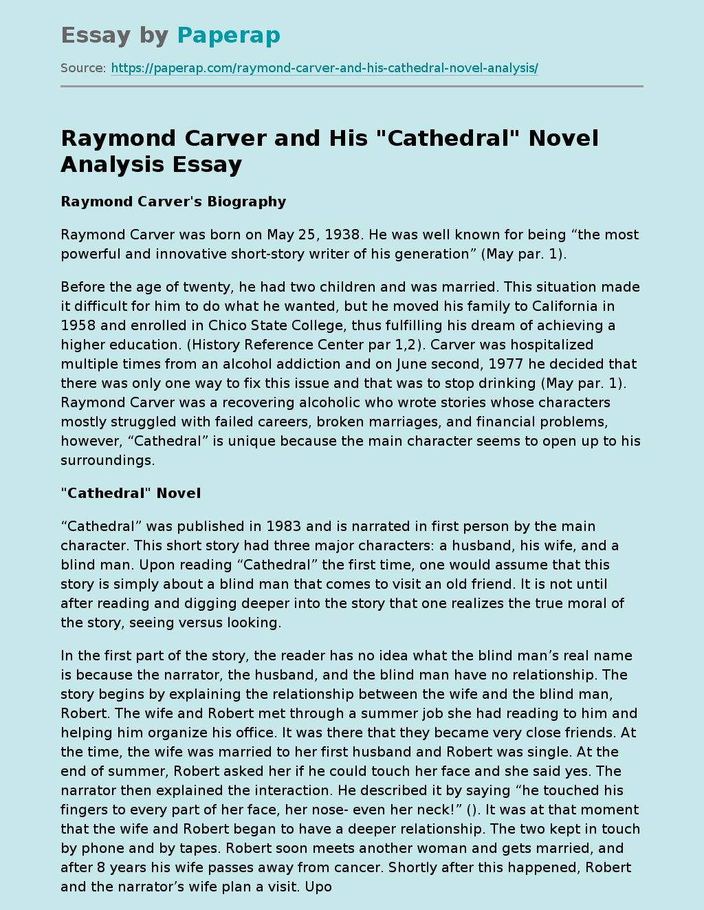 Raymond Carver and His "Cathedral" Novel Analysis