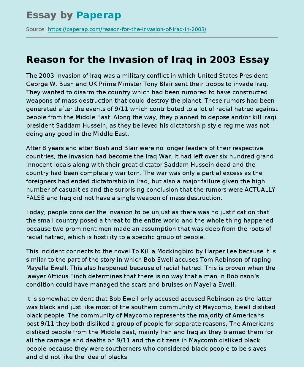 Reason for the Invasion of Iraq in 2003