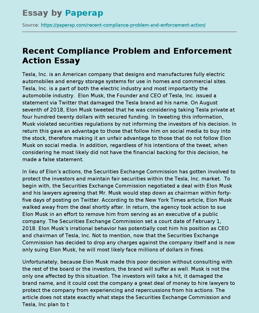 Recent Compliance Problem and Enforcement Action