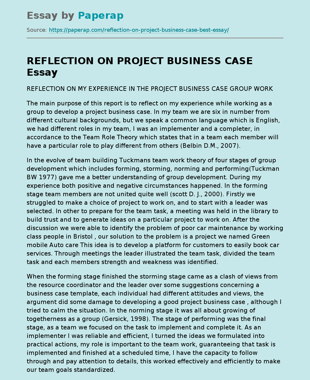 REFLECTION ON PROJECT BUSINESS CASE