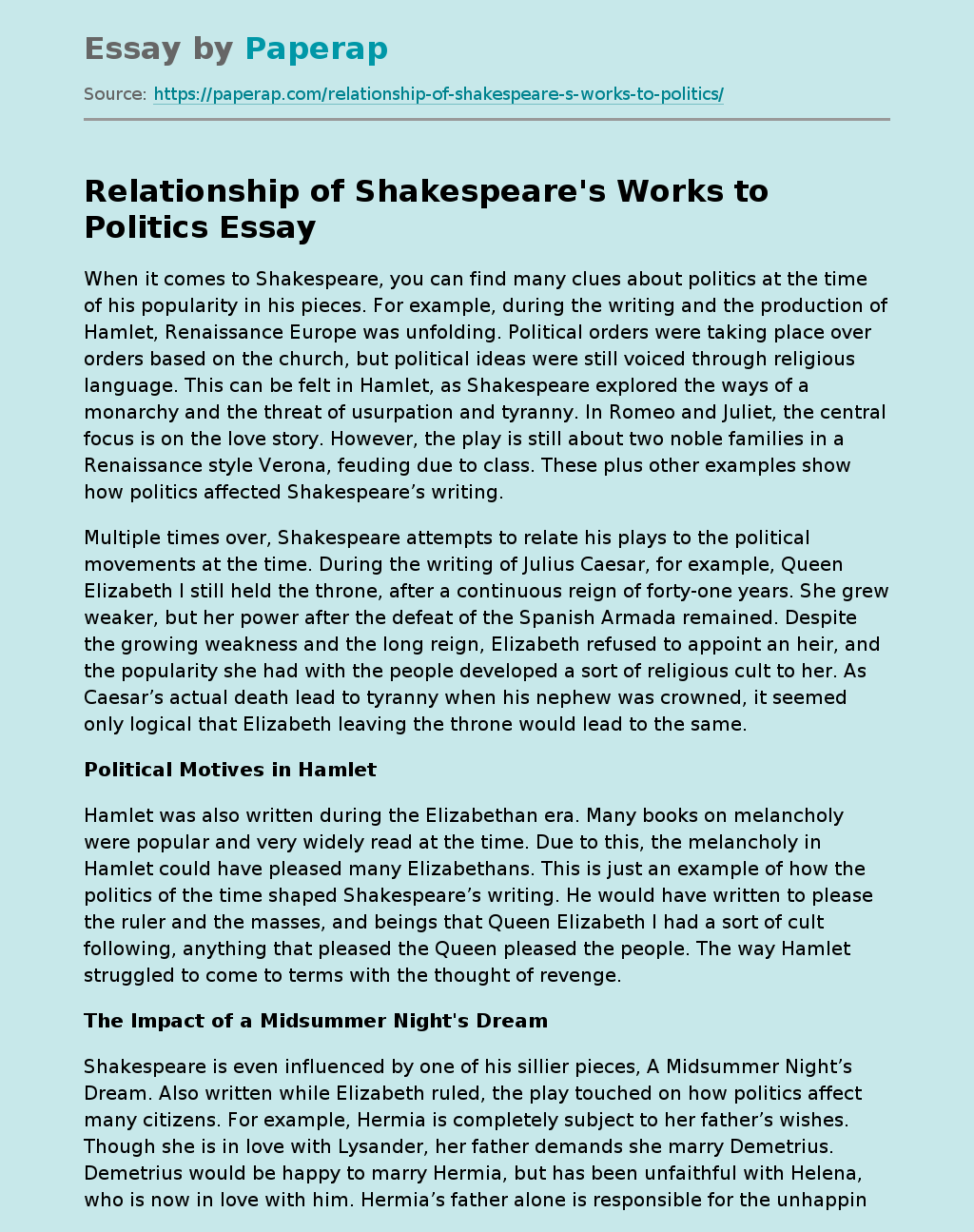 Relationship of Shakespeare's Works to Politics