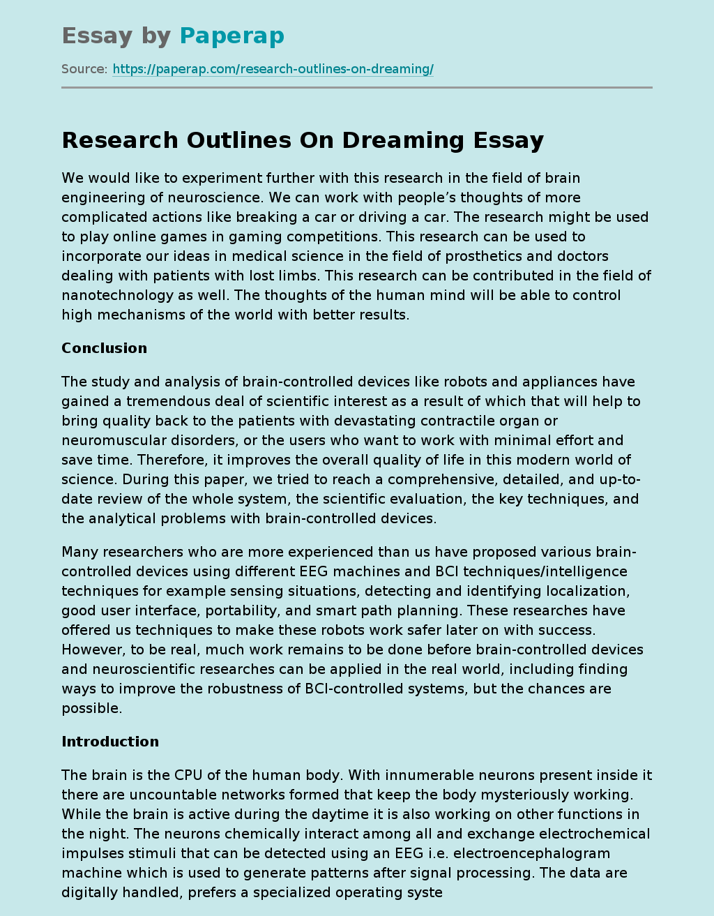 Research Outlines On Dreaming