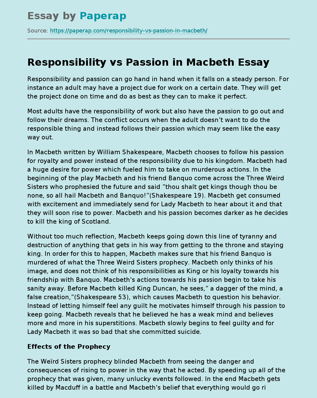 Responsibility vs Passion in Macbeth