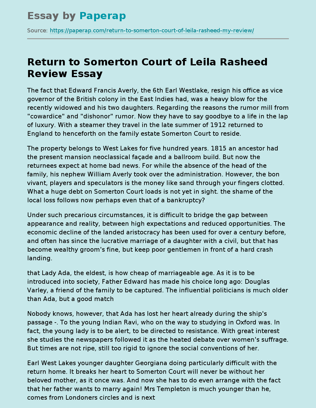 Return to Somerton Court of Leila Rasheed Review