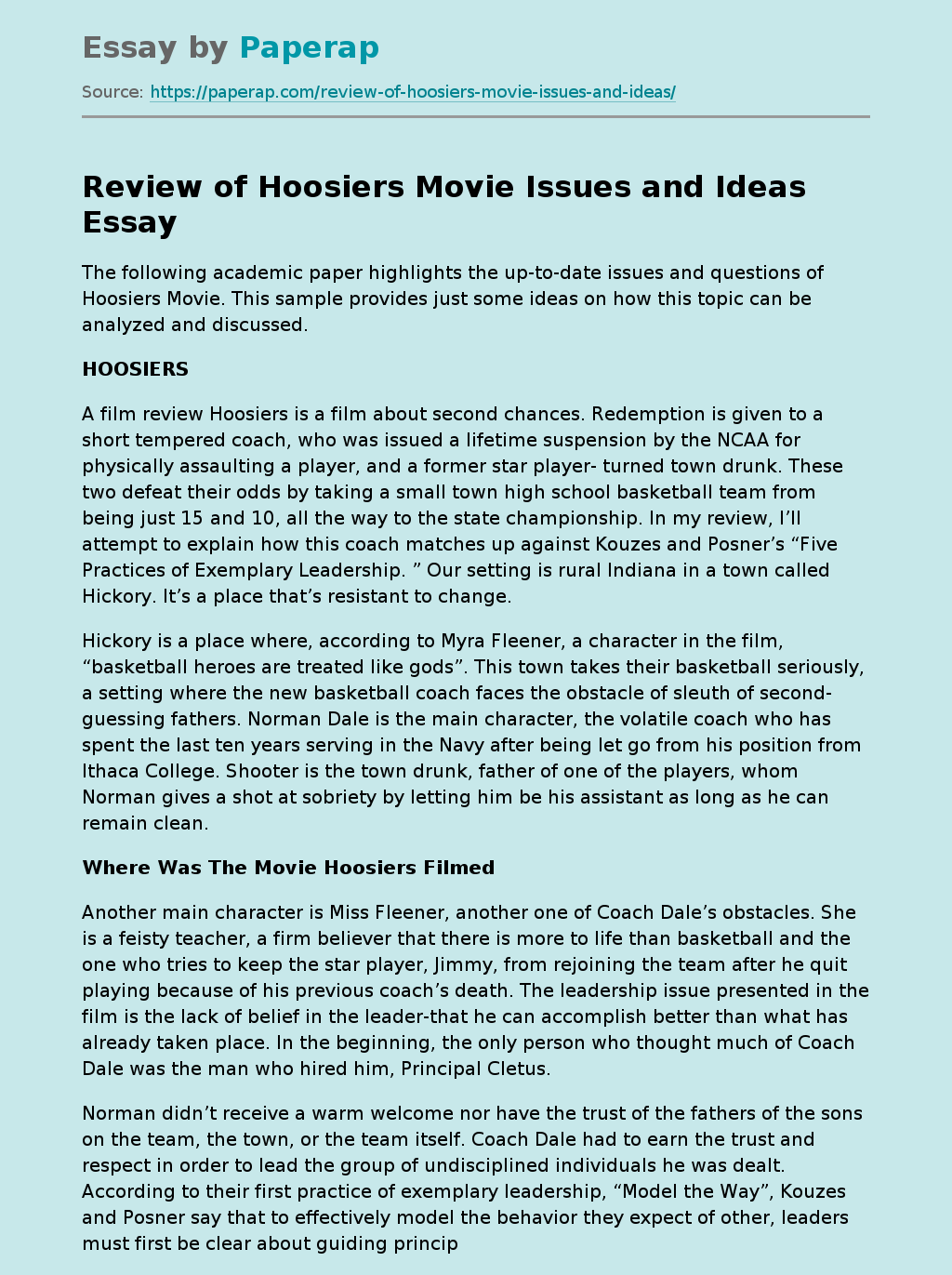 Review of Hoosiers Movie Issues and Ideas