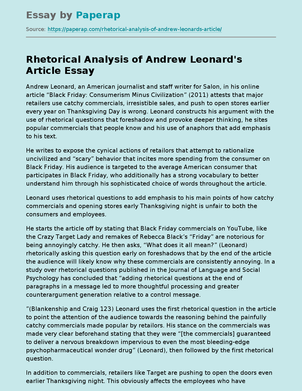 Rhetorical Analysis of Andrew Leonard's Article