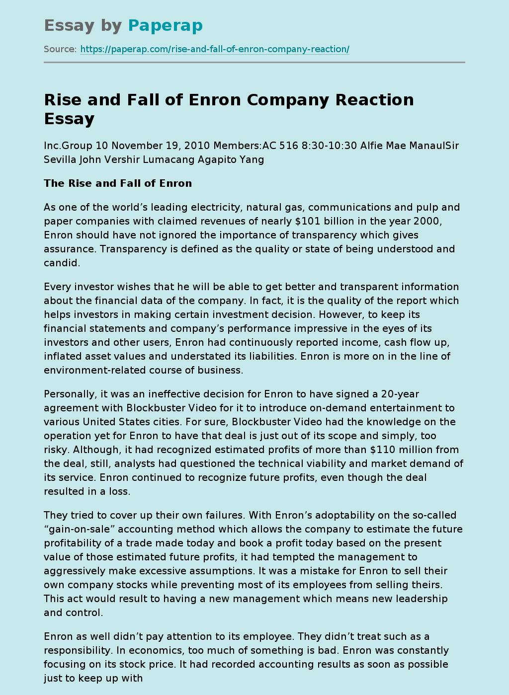 Rise and Fall of Enron Company Reaction