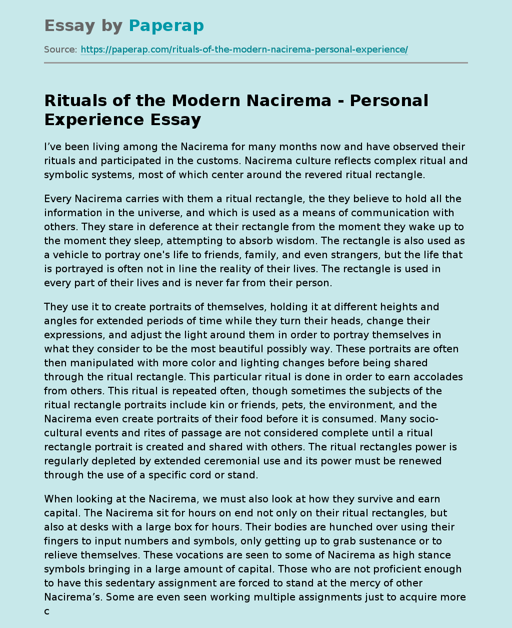 Rituals of the Modern Nacirema - Personal Experience