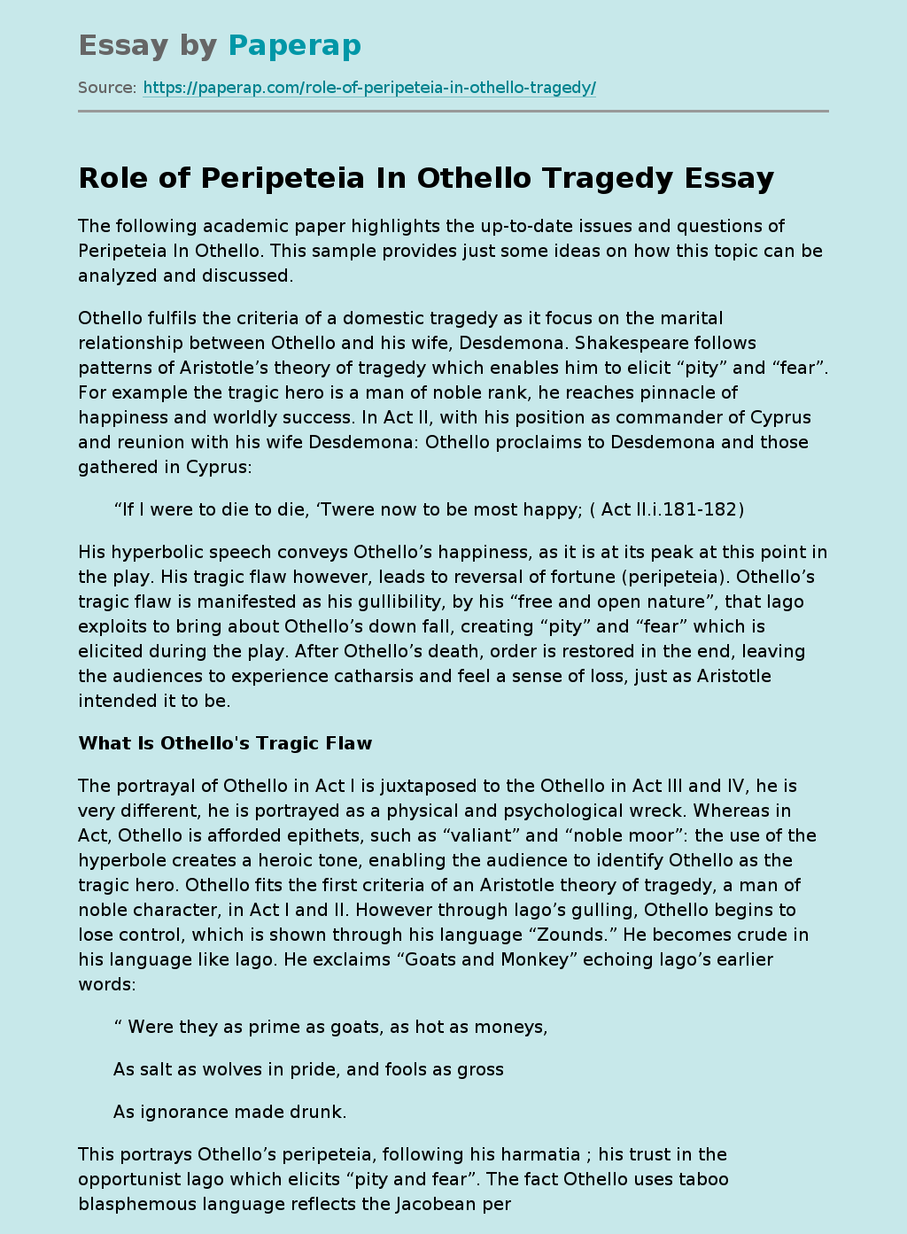 Role of Peripeteia In Othello Tragedy