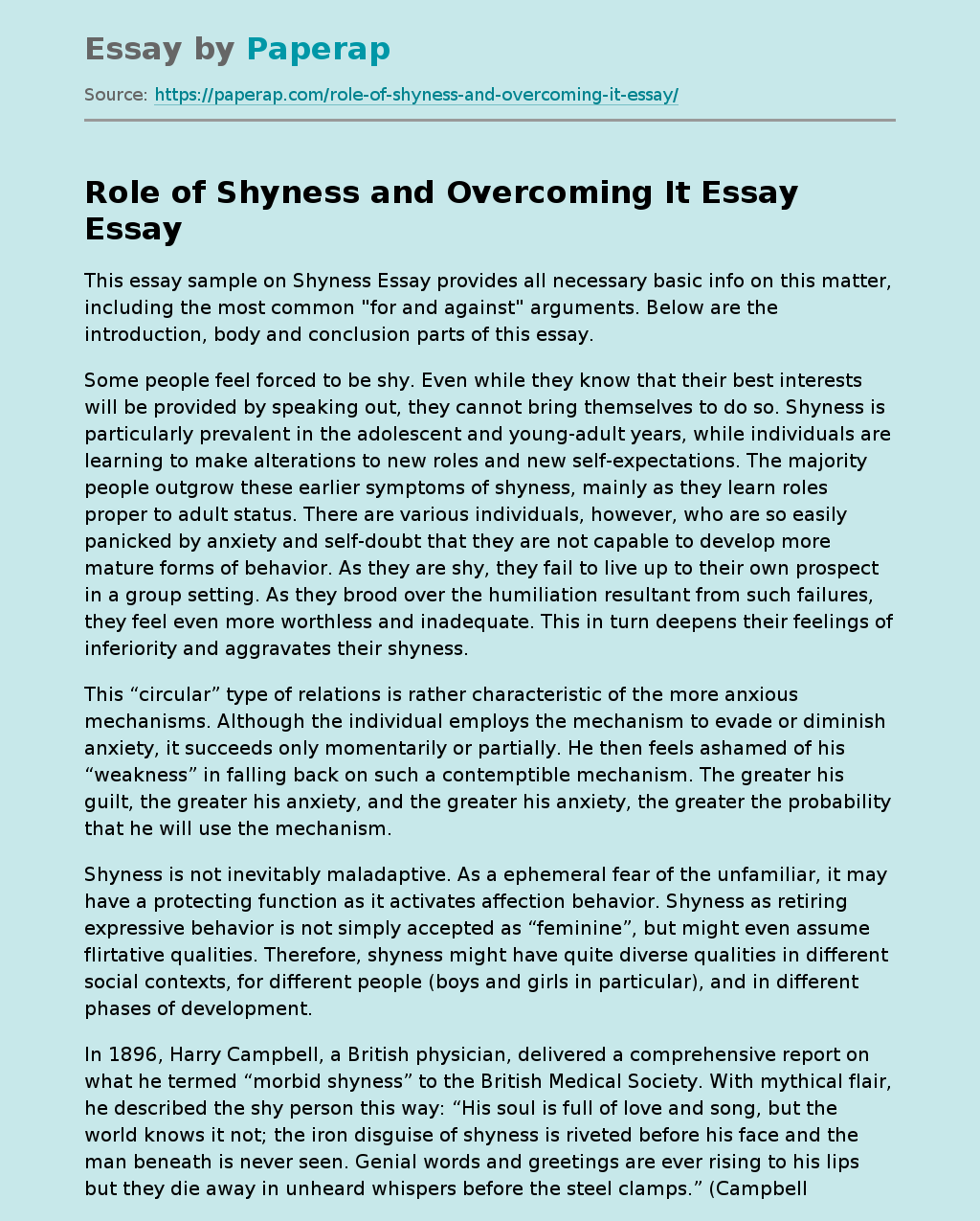 Role of Shyness and Overcoming It Essay
