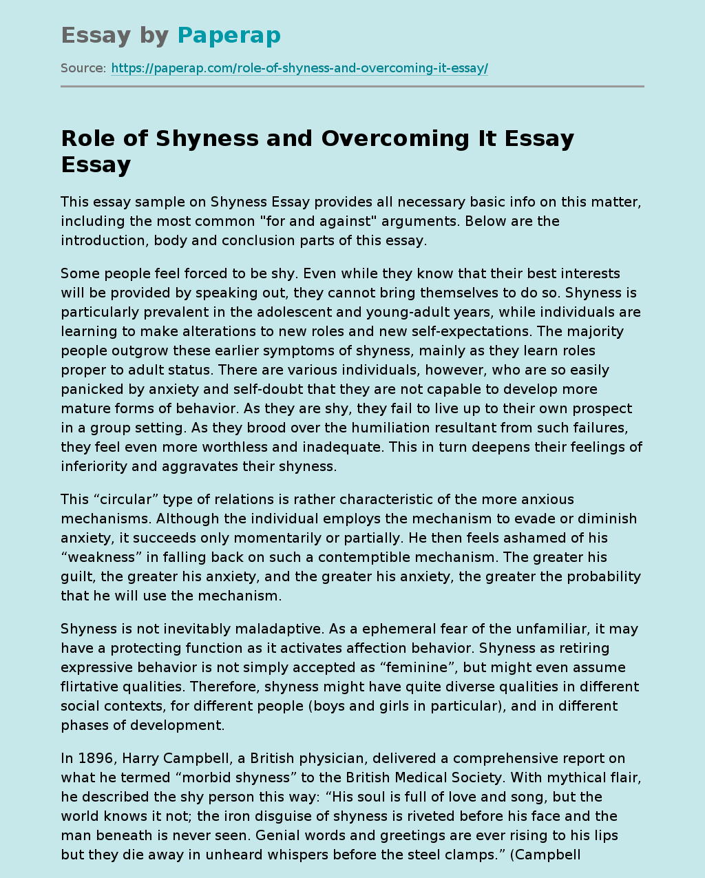 fear of shyness essay