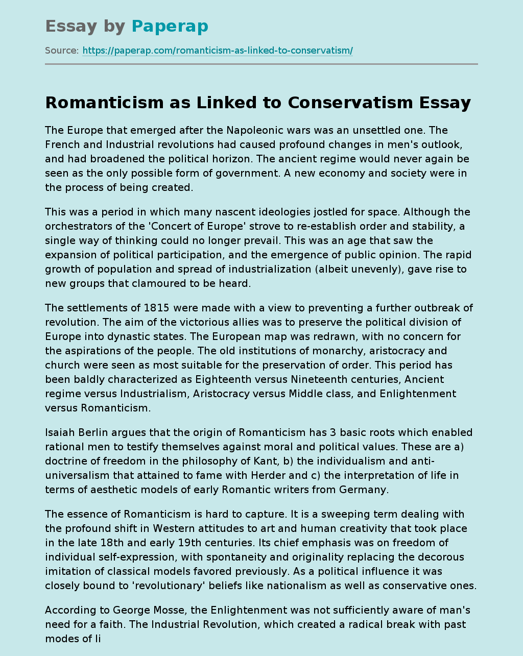 Romanticism as Linked to Conservatism