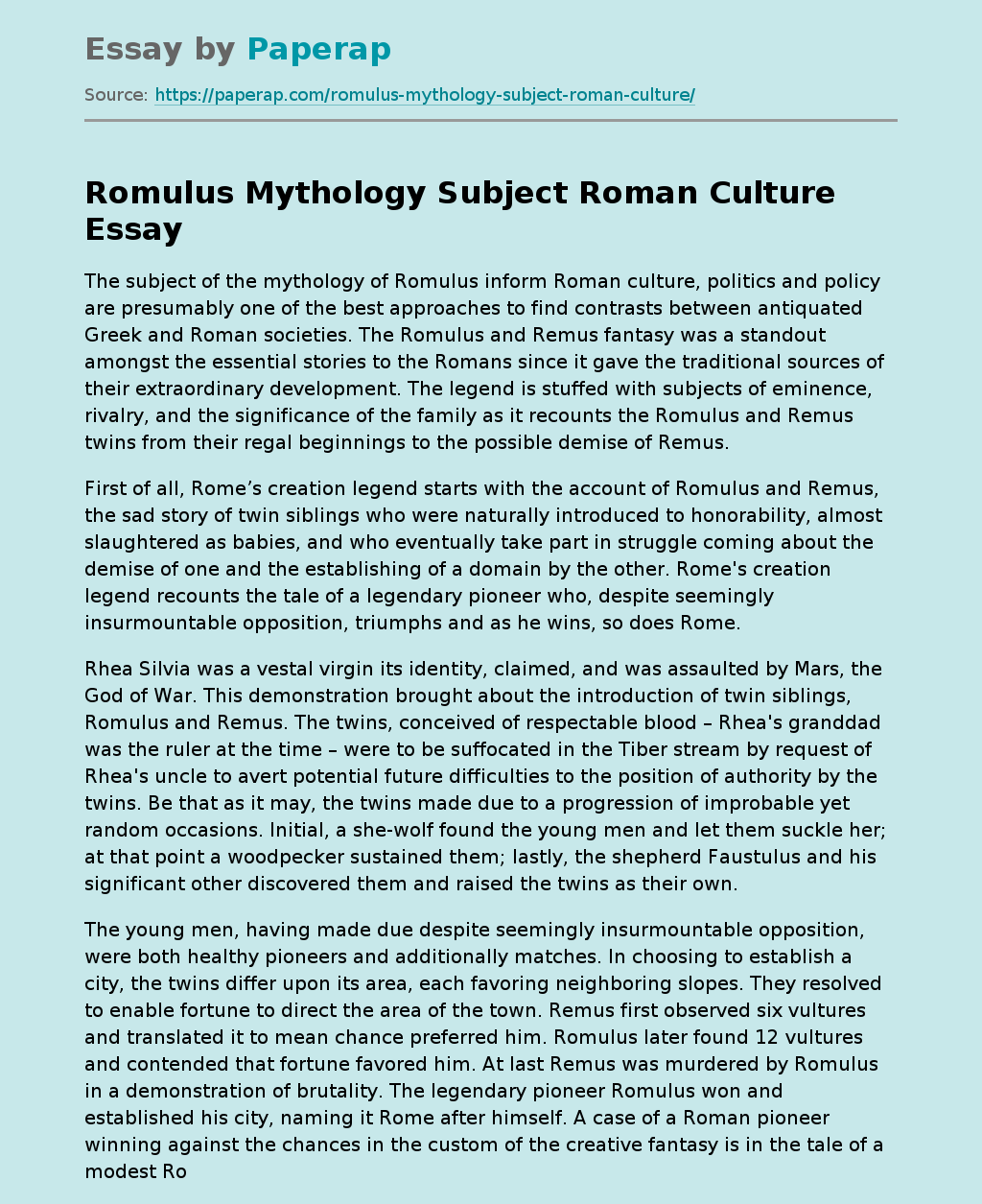 Romulus Mythology Subject Roman Culture