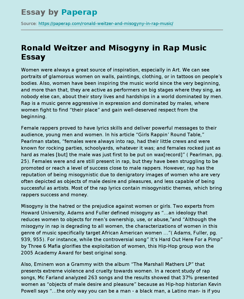Ronald Weitzer and Misogyny in Rap Music