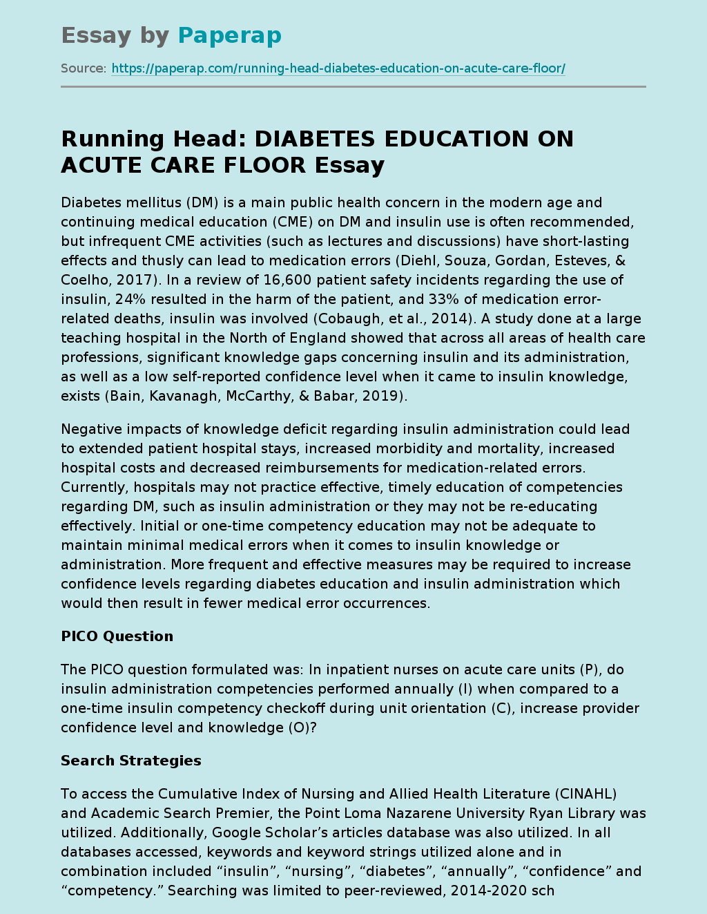 Running Head: DIABETES EDUCATION ON ACUTE CARE FLOOR