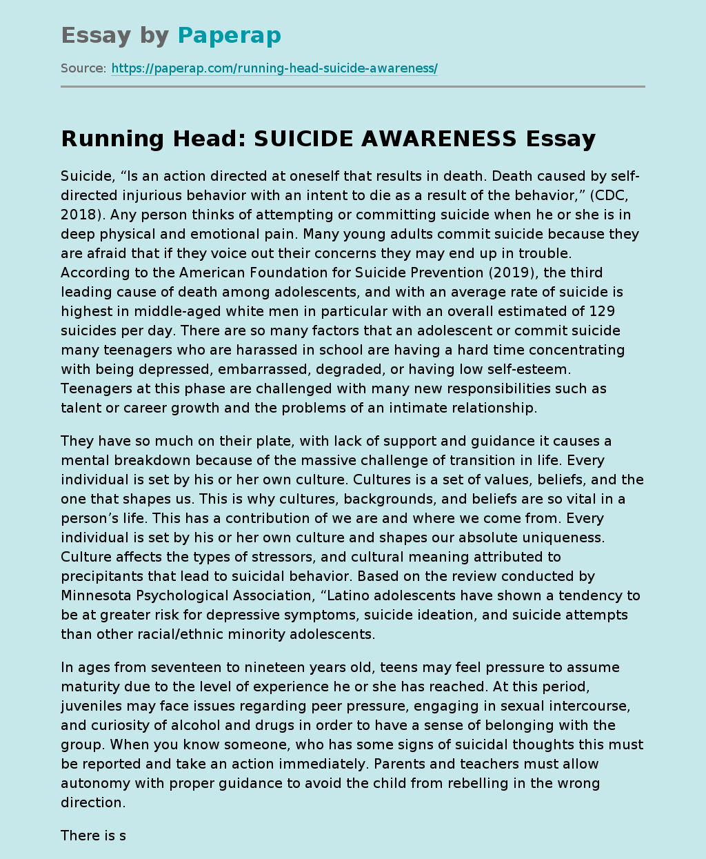 Running Head: SUICIDE AWARENESS