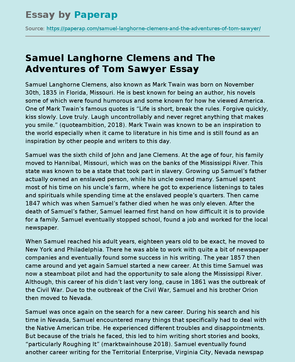 Samuel Langhorne Clemens and The Adventures of Tom Sawyer