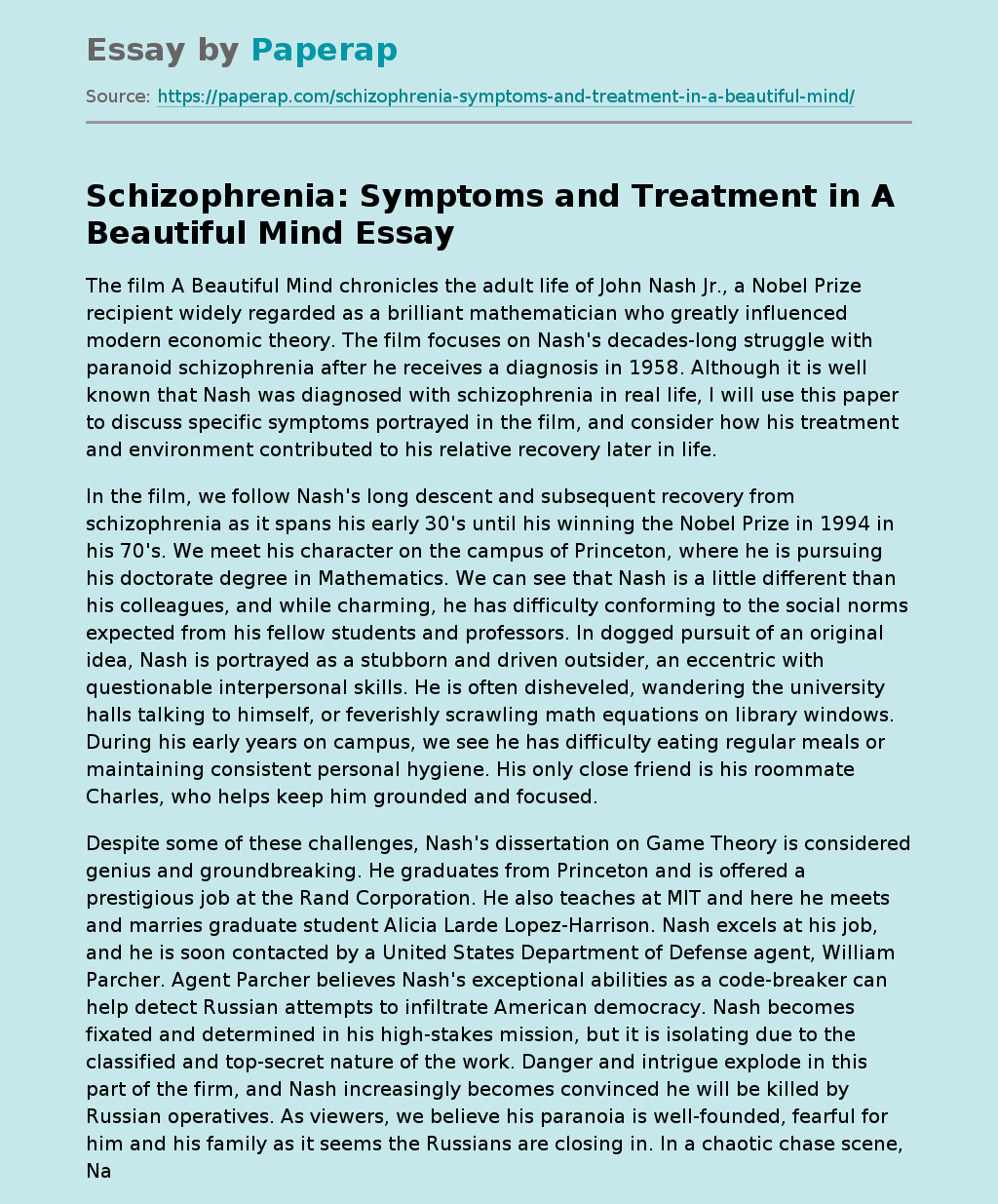 schizophrenia symptoms essay