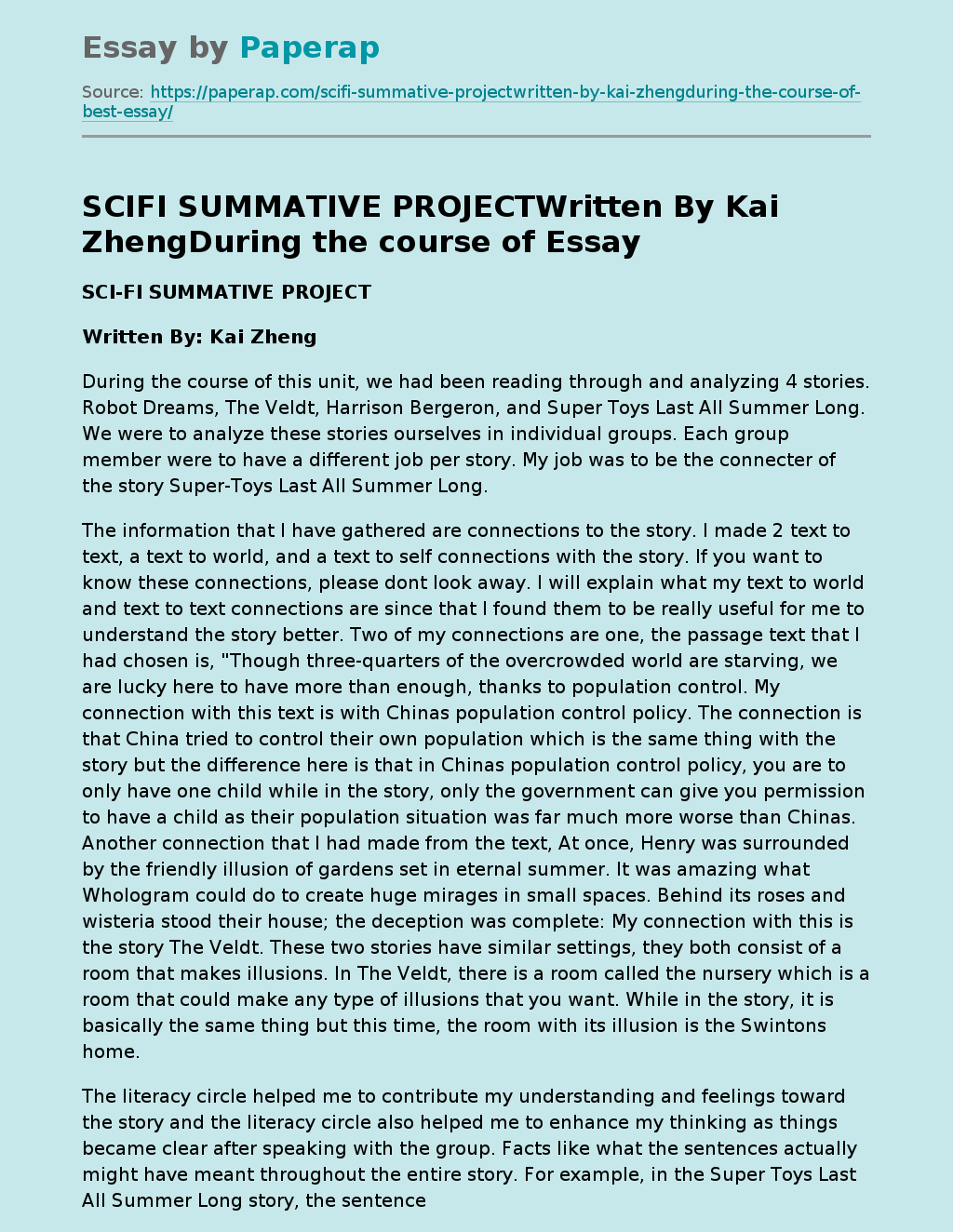 Scifi Summative Project Written By Kai ZhengDuring the course of