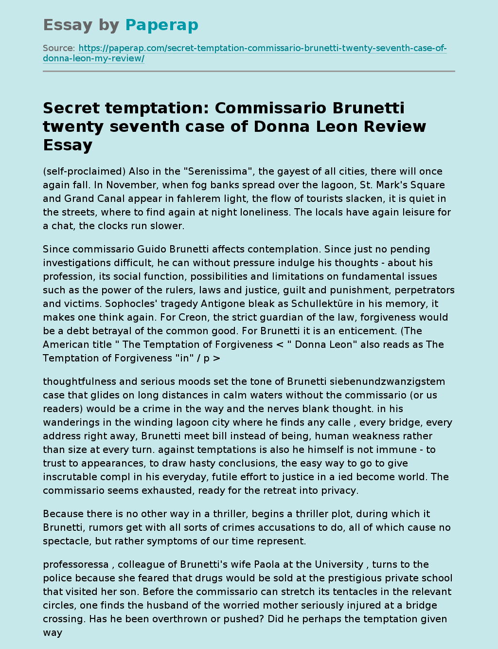 "Secret temptation": Commissario Brunetti twenty seventh case of Donna Leon