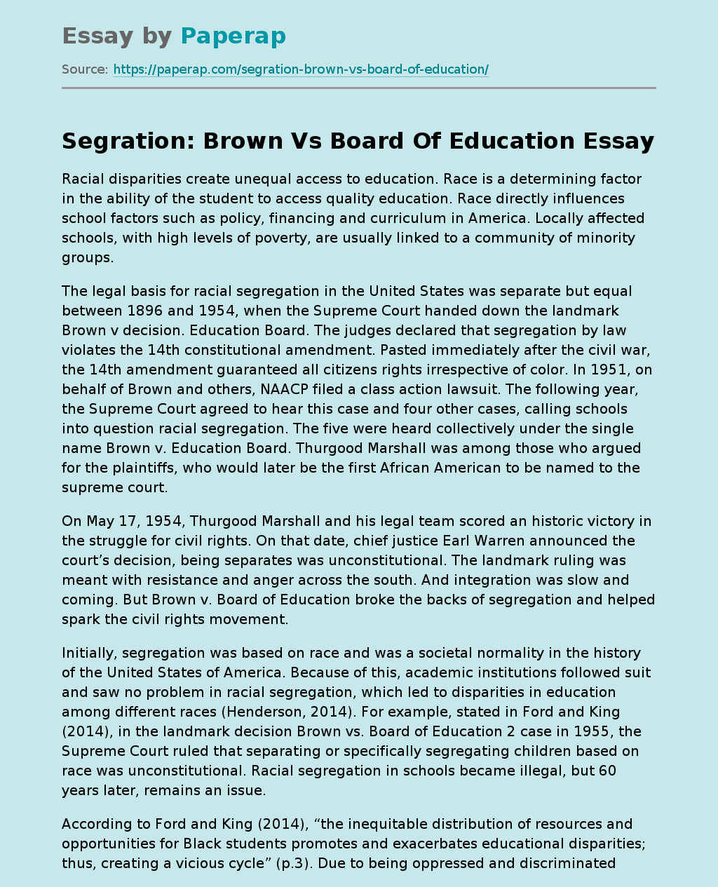 Segration: Brown Vs Board Of Education