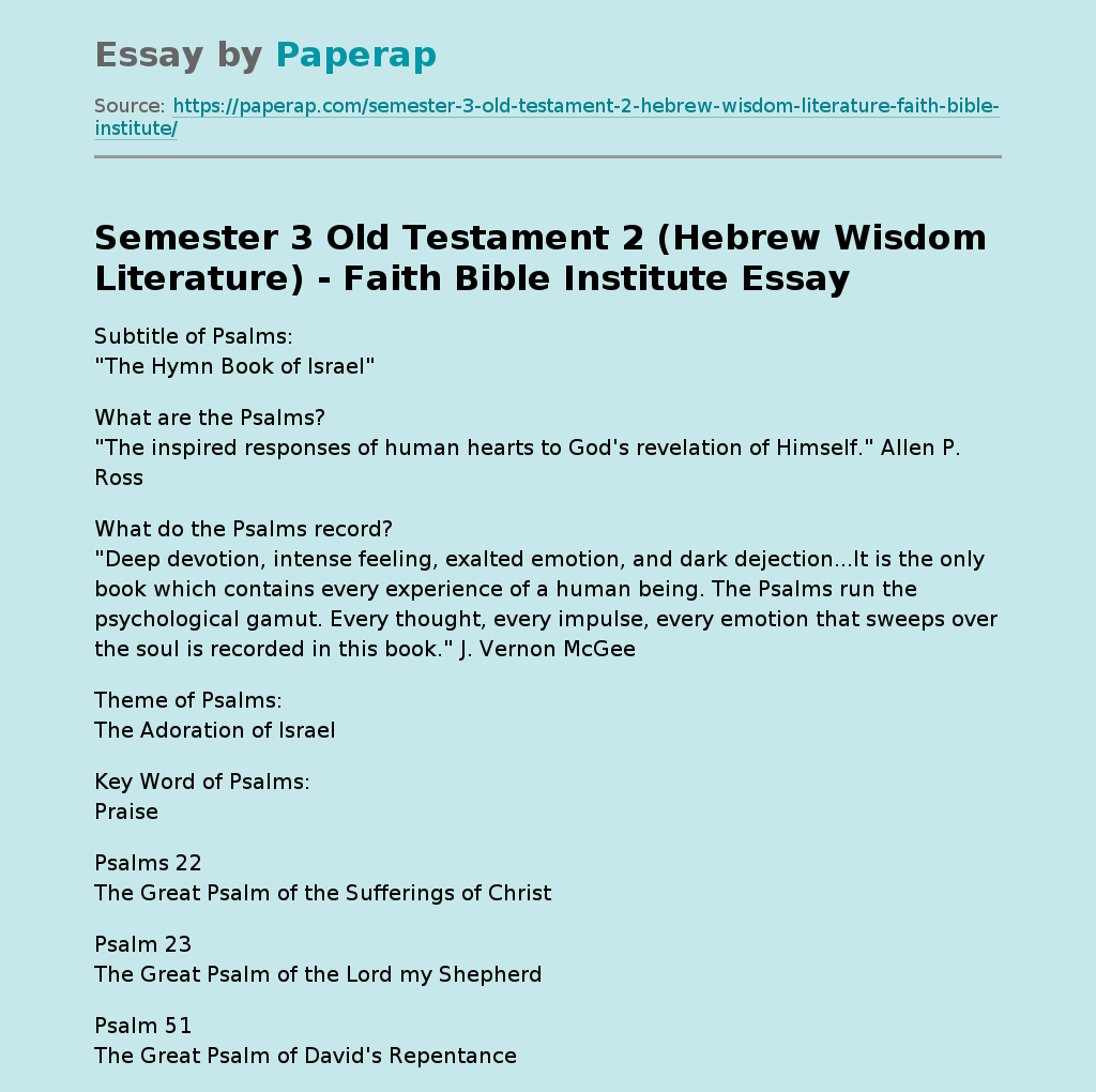 Semester 3 Old Testament 2 (Hebrew Wisdom Literature) - Faith Bible Institute